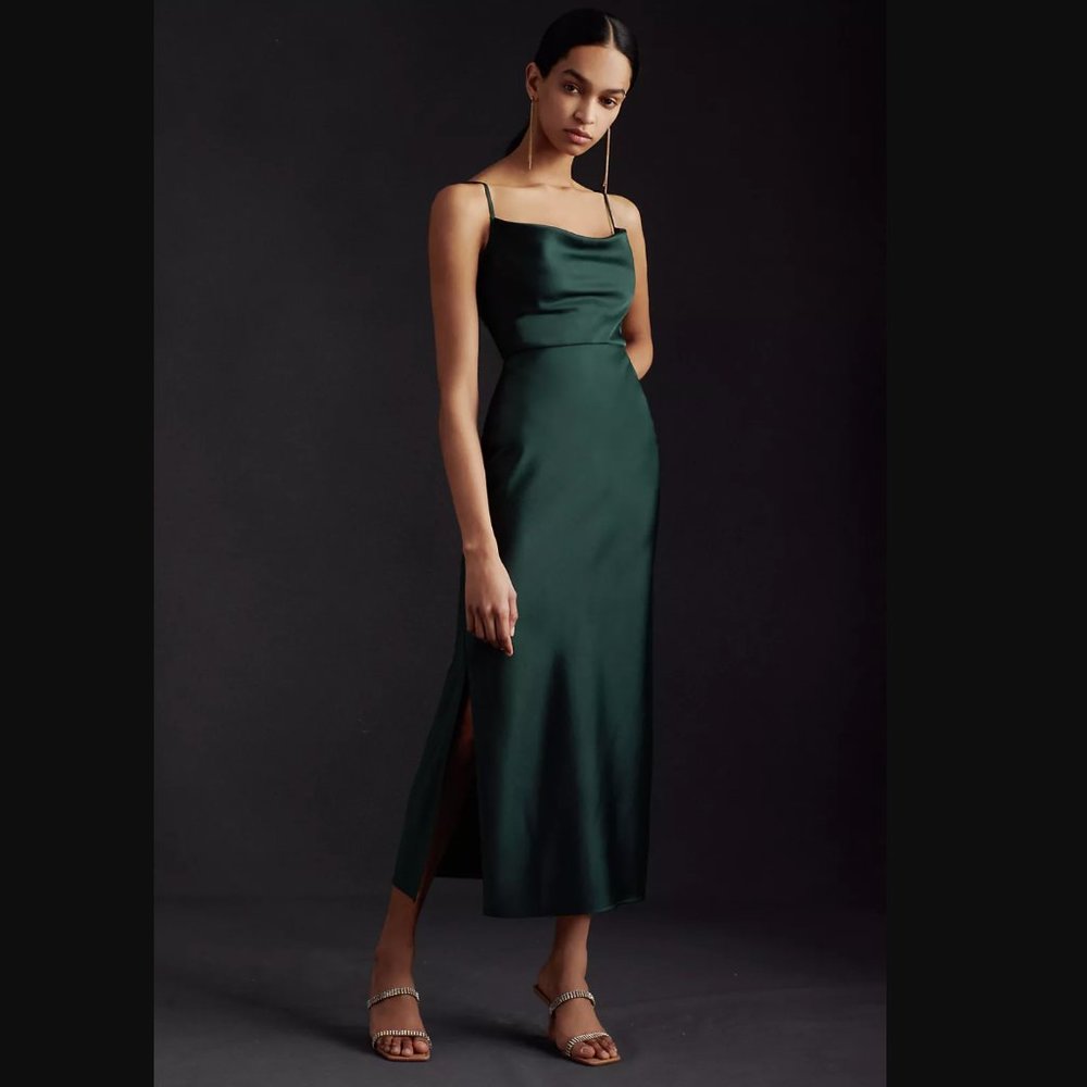 EUC Anthropologie BHLDN Dark Emerald Cali Satin Cowl-Neck Midi Slip Dress